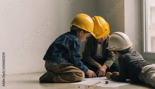 Three children wearing safety helmets are sitting on the floor, engaged in a drawing or building activity indoors near a window.