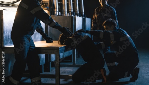 Three workers in protective gear assist a collapsed colleague in an industrial setting with dim lighting and metallic equipment.