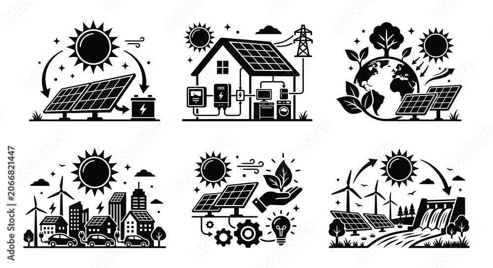 Fototapeta premium Solar Panel Icons Black Silhouette Set On White Background