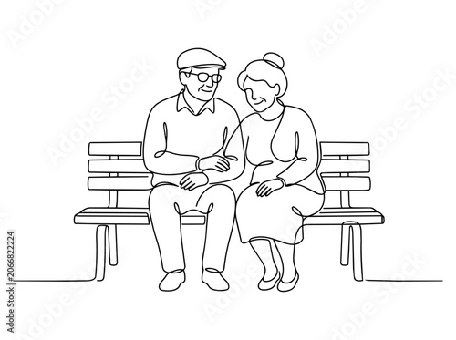 Konstfotografi Elderly couple sitting on park bench continuous line drawing