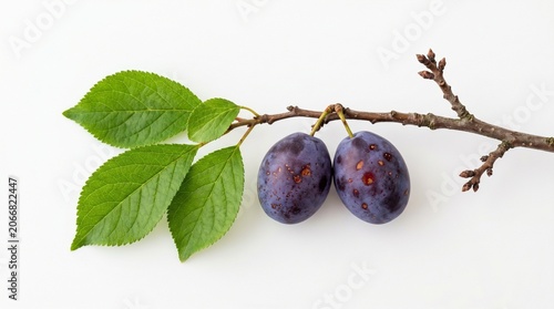 Fresh plums on a tree branch with leaves