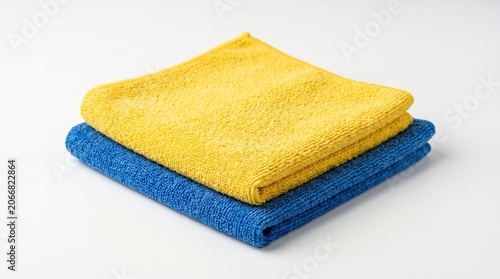 Stacked microfiber cleaning cloths in yellow and blue