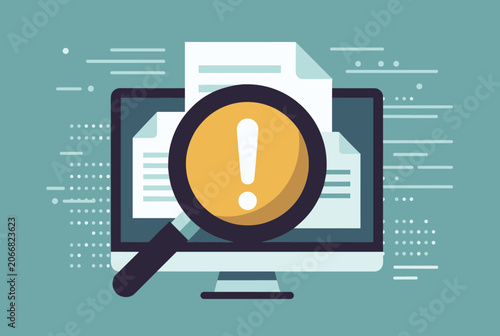 Computer screen displaying documents audited by a magnifying glass showing an alert warning exclamation mark.