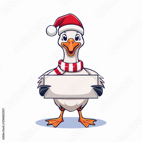 Cartoon Goose Wearing Santa Hat and Scarf Holding Blank Sign