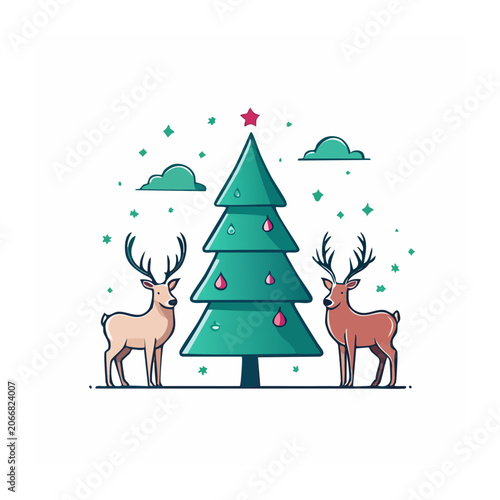 Flat design Christmas tree with reindeer and festive elements