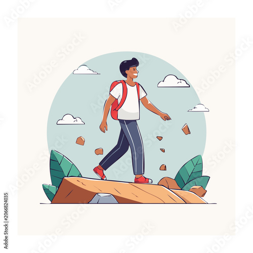 Man with backpack hiking on rocky terrain with plants and clouds