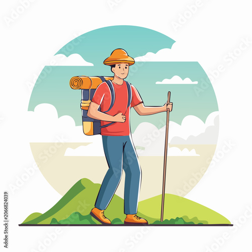 Hiker with Backpack and Trekking Pole Walking on Mountains