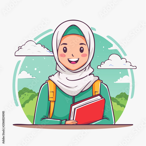 Happy Muslim Student Girl with Backpack and Book