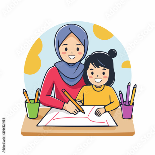 Mother and Daughter Drawing Together