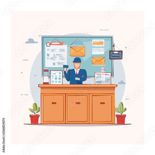 Post office worker at desk with mail and information board
