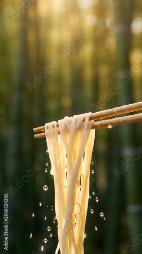 Cold somen noodles lifted by chopsticks with sparkling water droplets