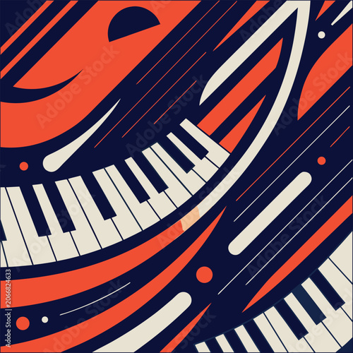 Abstract Jazz Music Background with Piano Keys and Dynamic Sound Waves Vector Illustration