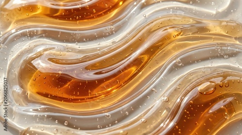 A close-up shot of a viscous, amber liquid with swirling patterns and air bubbles. The liquid has a translucent quality, revealing subtle color variations and a glossy surface.
