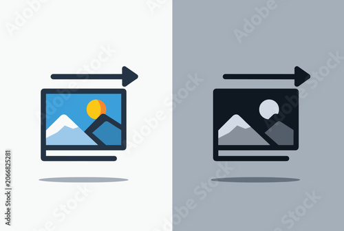 Image transfer or slide transition concept displaying a colorful landscape icon and its dark monochrome counterpart.