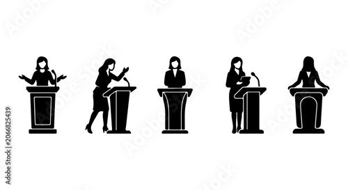Bild auf Leinwand Diverse Female Speakers at Podiums, Public Speaking Icons, Presentation Silhouet