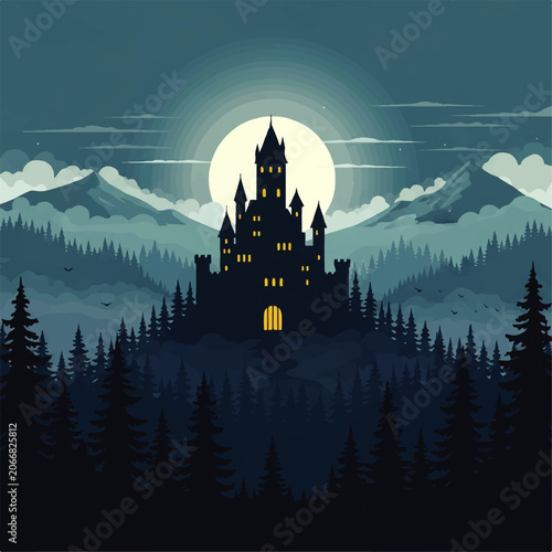 Slika na platnu Mysterious dark castle silhouette on a hill at night with a full moon and misty