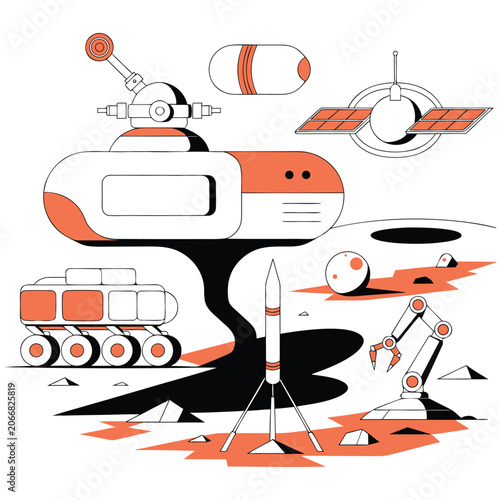 Modern Space Technology and Lunar Research Concept Vector Illustration