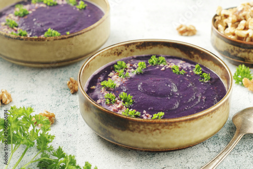 Bild auf Leinwand Red cabbage cream soup - traditional dish of Norwegian cuisine