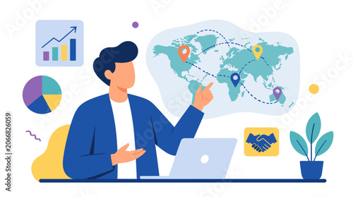 Business analyst presenting data with world map insights.