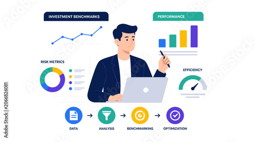 Business man presenting data charts with laptop.