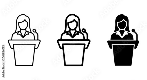 Bild auf Leinwand Woman Speaker Icons, Podium Presentation Graphics, Public Speaking Vector Set