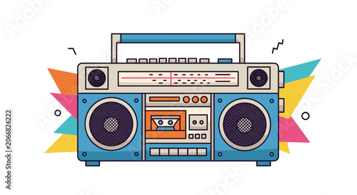 Retro blue and grey boombox cassette player is shown with colorful geometric shapes and musical symbols in a nostalgic 80s style.