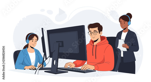 Diverse Team Collaborating in Modern Office Setting, Working on Computers