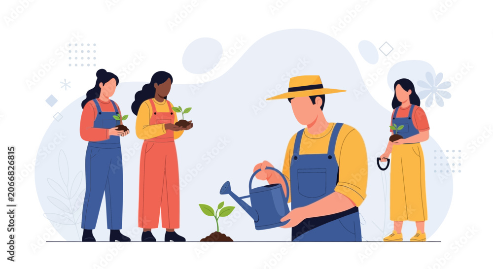 Fototapeta premium Diverse team of gardeners planting and watering seedlings in a modern flat illustration style, symbolizing growth and teamwork.