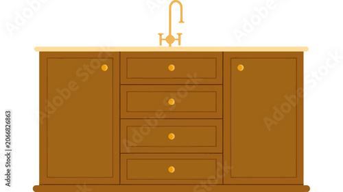 Obraz na płótnie Wooden bathroom vanity cabinet with sink and gold faucet