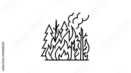 Foto Forest Fire Icon: Burning Trees and Smoke in Minimalist Line Art Style