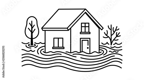 Obraz na płótnie Flooded House Illustration: Natural Disaster, Home Damage, Water Danger