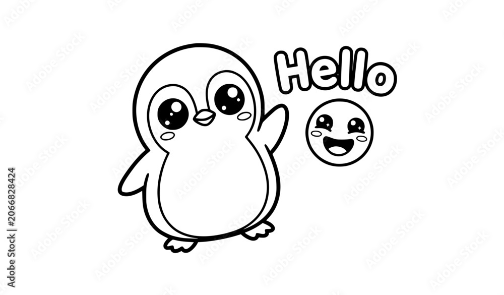 Obraz premium Cute baby penguin waving hand with hello text and smiley face coloring page