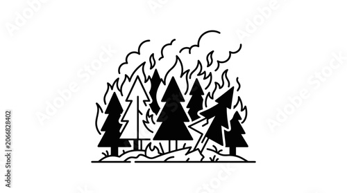 Forest Fire Illustration: Burning Trees and Smoke in Outline Style