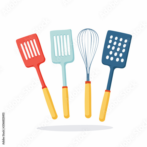 Set of colorful kitchen utensils including spatulas and whisk