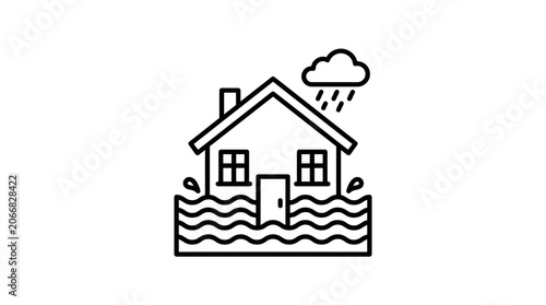Flooded House Icon Illustration: Stormy Weather and Water Damage Risk