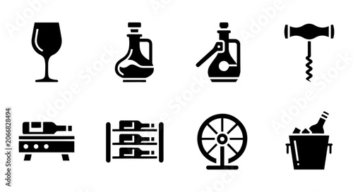 Φωτογραφία Wine Icons Collection: Glass, Corkscrew, Racks, Cooler, Bottles, Oil Cruet, Bar
