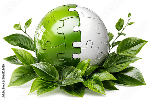 Globe resting on green tea leaves with fresh sprigs isolated on white background