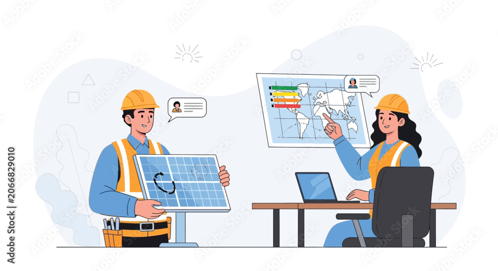 Fototapeta premium Engineers planning solar energy installation on world map, discussing project with laptop and solar panel
