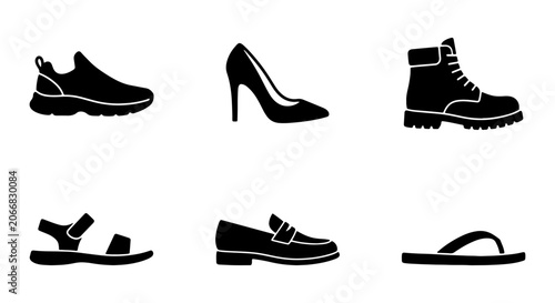 Canvas-taulu Black Shoe Icons Set, Footwear Collection Vector Graphics, Casual to Formal Shoe