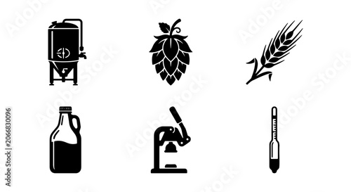 Tableau sur toile Brewing Icons: Fermentation Tank, Hop, Wheat, Growler, Press, Hydrometer Set