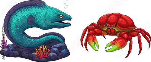 Foto Deep Sea Marine Life Vector Element Set Featuring Teal Moray Eel Lurking on Unde