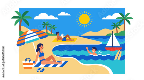 Summer Beach Vacation: People Relaxing, Swimming, and Sailing with Palm Trees