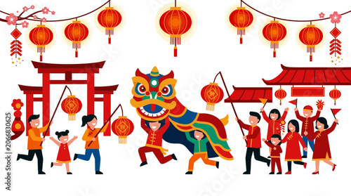 Chinese New Year Celebration with Lion Dance and Lanterns
