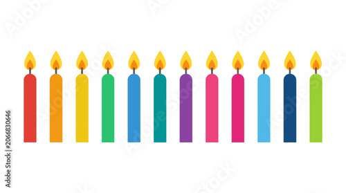 Colorful Birthday Candles Burning on White Background