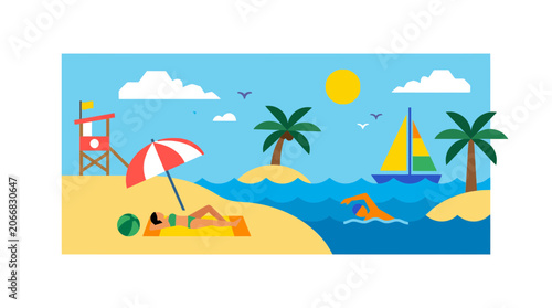 Summer Beach Vacation: Woman Sunbathing, Man Swimming, Sailboat, Lifeguard Tower