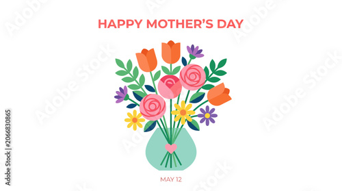 Happy Mother's Day Floral Bouquet in Vase with Heart, Pink and Orange Flowers
