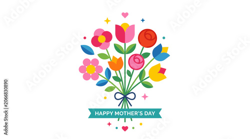 Happy Mother's Day Bouquet with Colorful Flowers and Hearts on White Background