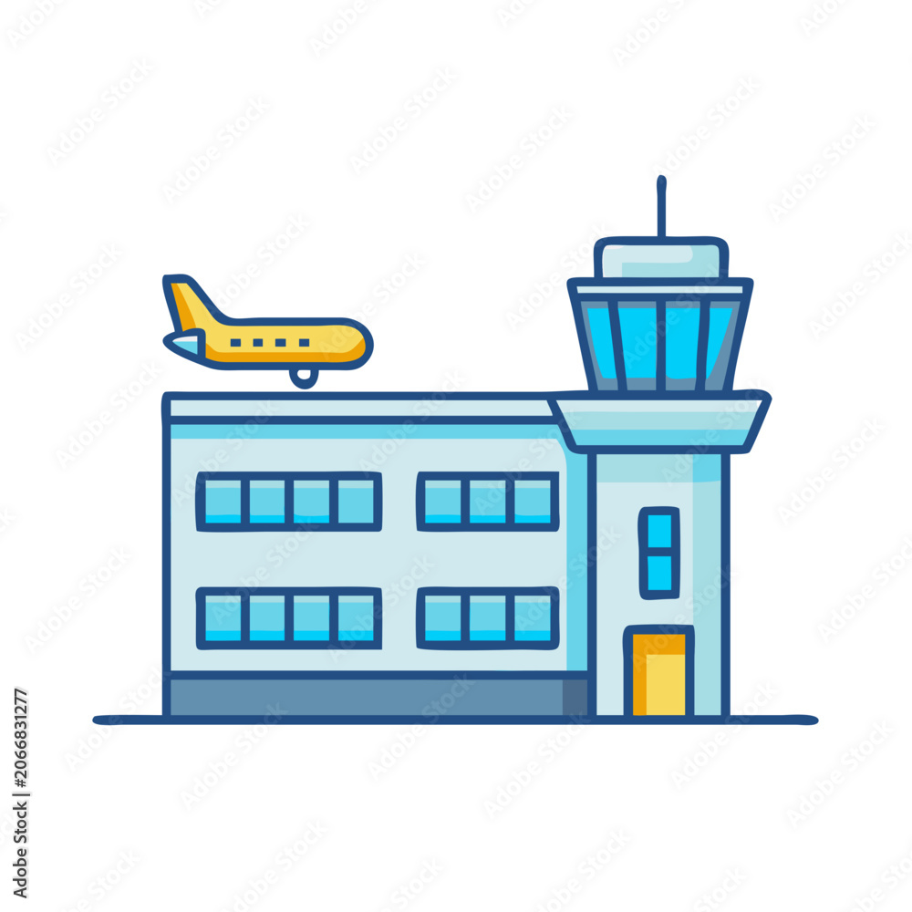 Obraz premium Airport terminal with control tower and airplane on top, cartoon vector illustration