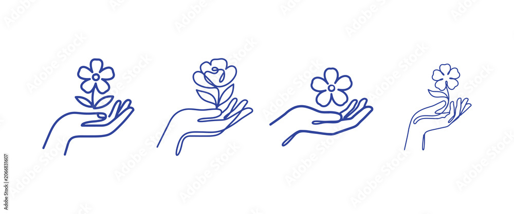 Fototapeta premium Line drawing hands holding flowers and leaves in various positions