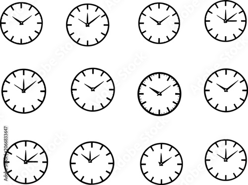 Fotografija Minimalist Analog Clock Face and Watch Dial Icon Set, Black Line Art Clockwork V